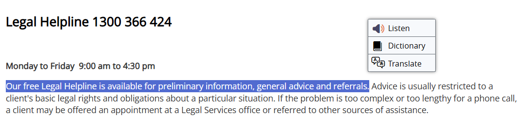 example of highlighted text showing translate tool