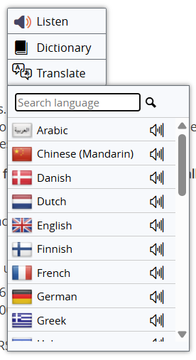 ReadSpeaker translate tool with list of languages